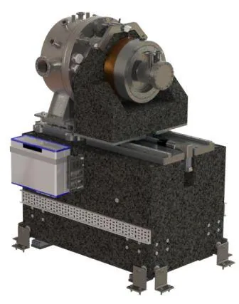 Render of the air bearing double crystal monochromator mounted on a granite base block