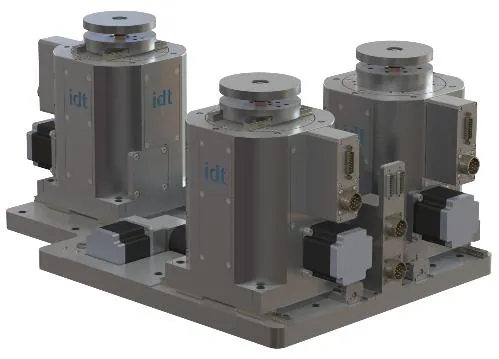 Render of the compact manipulator system with three motorised jacks on a base plate