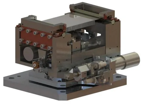 Render of the sagittal crystal bender with its ribbed crystal, bending actuators and yaw stage