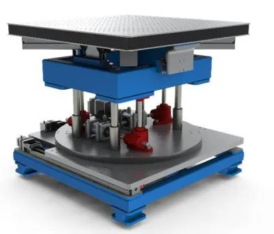 Render of a sample table with a breadboard top on a motorised multi-axis base