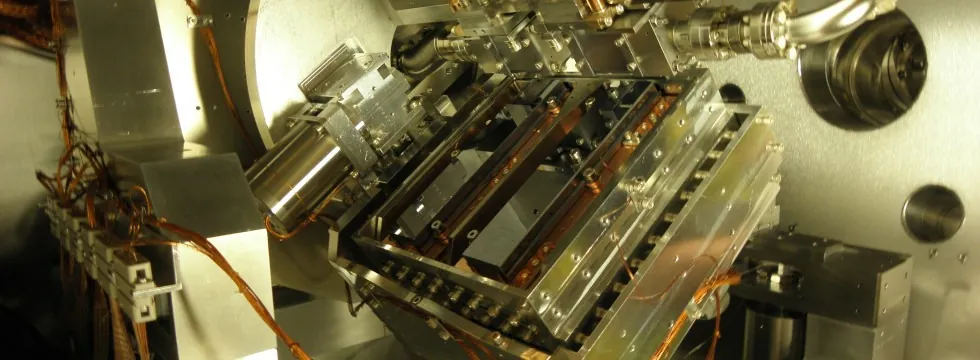 Inside the Quick EXAFS double crystal monochromator, showing the crystal cage